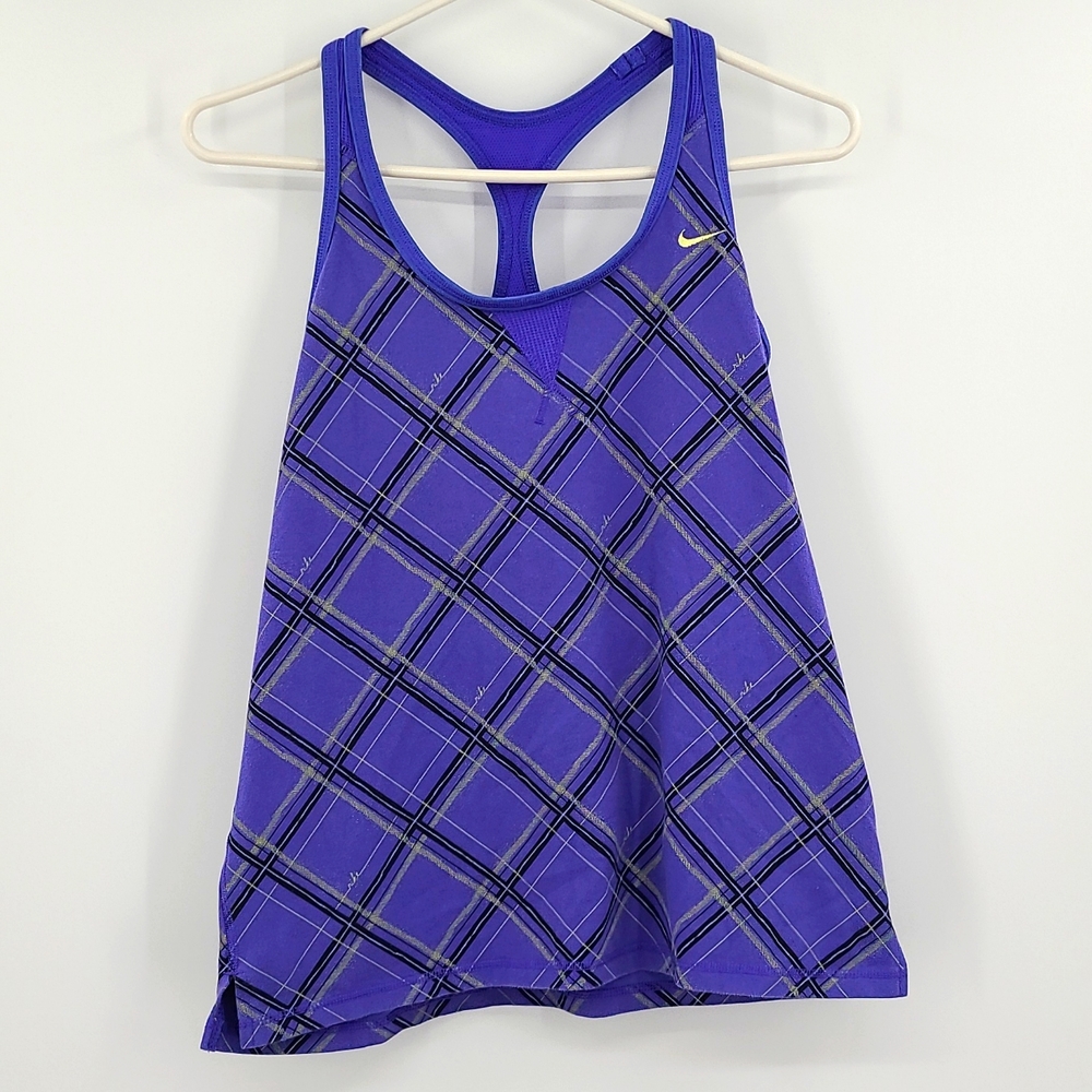 Nike Dri-Fit Large 12-14 Purple black yellow Swoosh logo plaid racerback tanktop